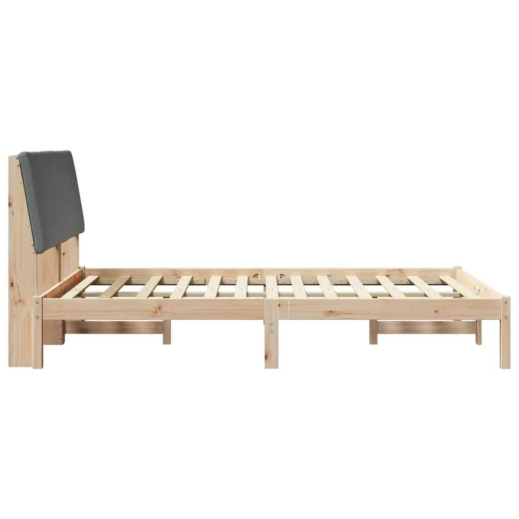 Bed Frame 150x200cm Solid Pine Wood with Upholstered Headboard in Brown and Dark Grey