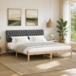 Brown Bed Frame with Upholstered Headboard and Slatted Base