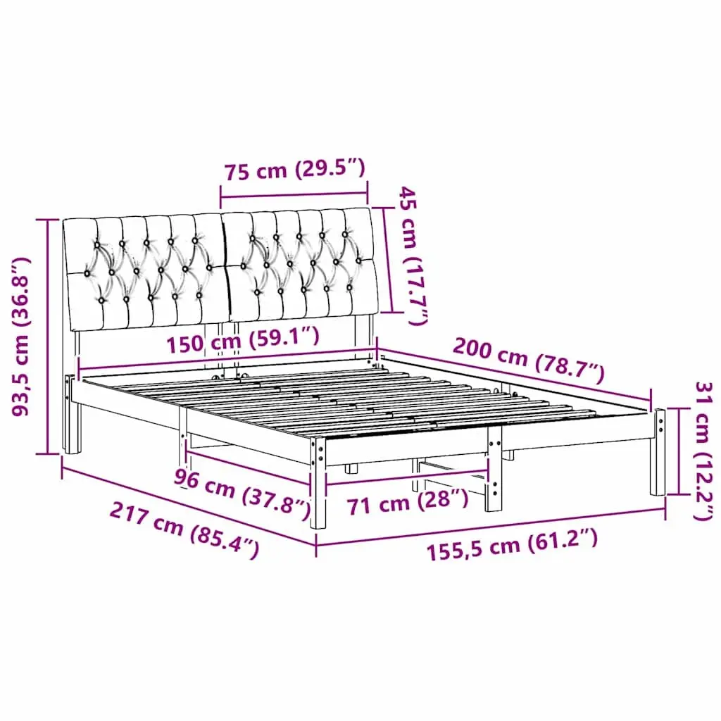 Bed Frame Platform Slatted Base Wall-mounted Headboard Brown 150 x 200 cm