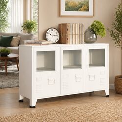 Industrial White Sideboard with Glass Door and Metal Frame