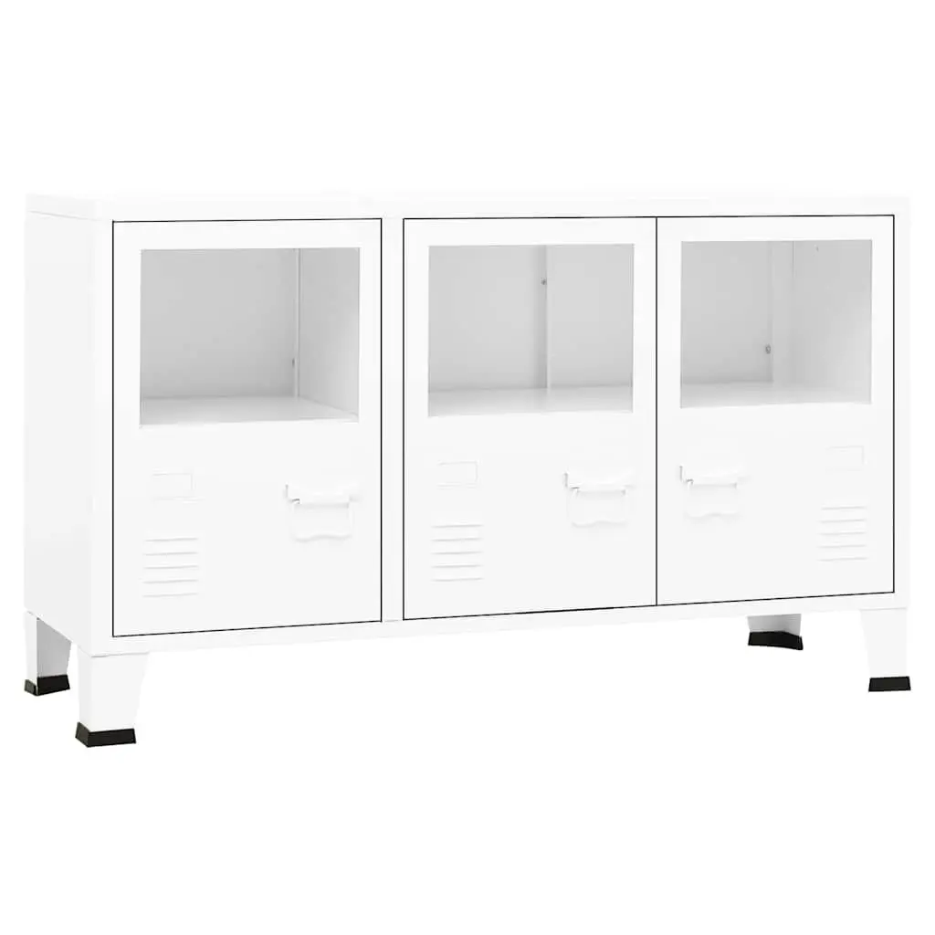 White Industrial Storage Cabinet Metal Frame Glass Door Sideboard Unit 105Wx35Dx62Hcm