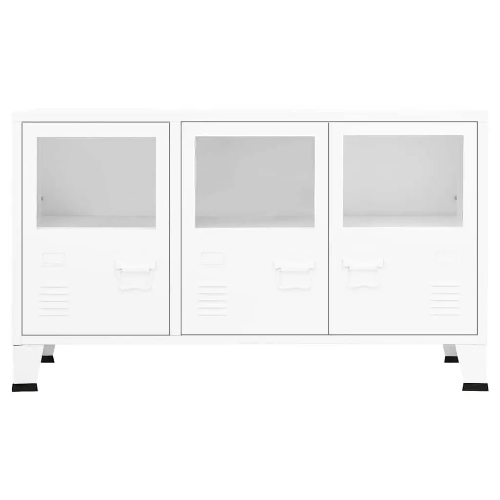 White Industrial Storage Cabinet Metal Frame Glass Door Sideboard Unit 105Wx35Dx62Hcm