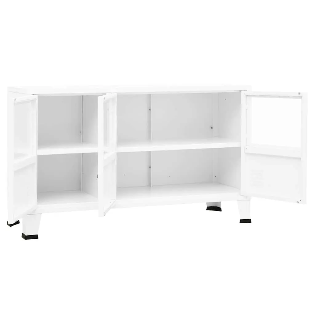 White Industrial Storage Cabinet Metal Frame Glass Door Sideboard Unit 105Wx35Dx62Hcm
