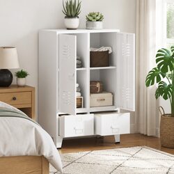 Durable White Steel Storage Wardrobe with 2 Drawers & 2 Shelves