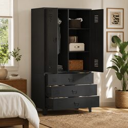 Industrial Metal Wardrobe Cabinet with 2 Shelves, Black
