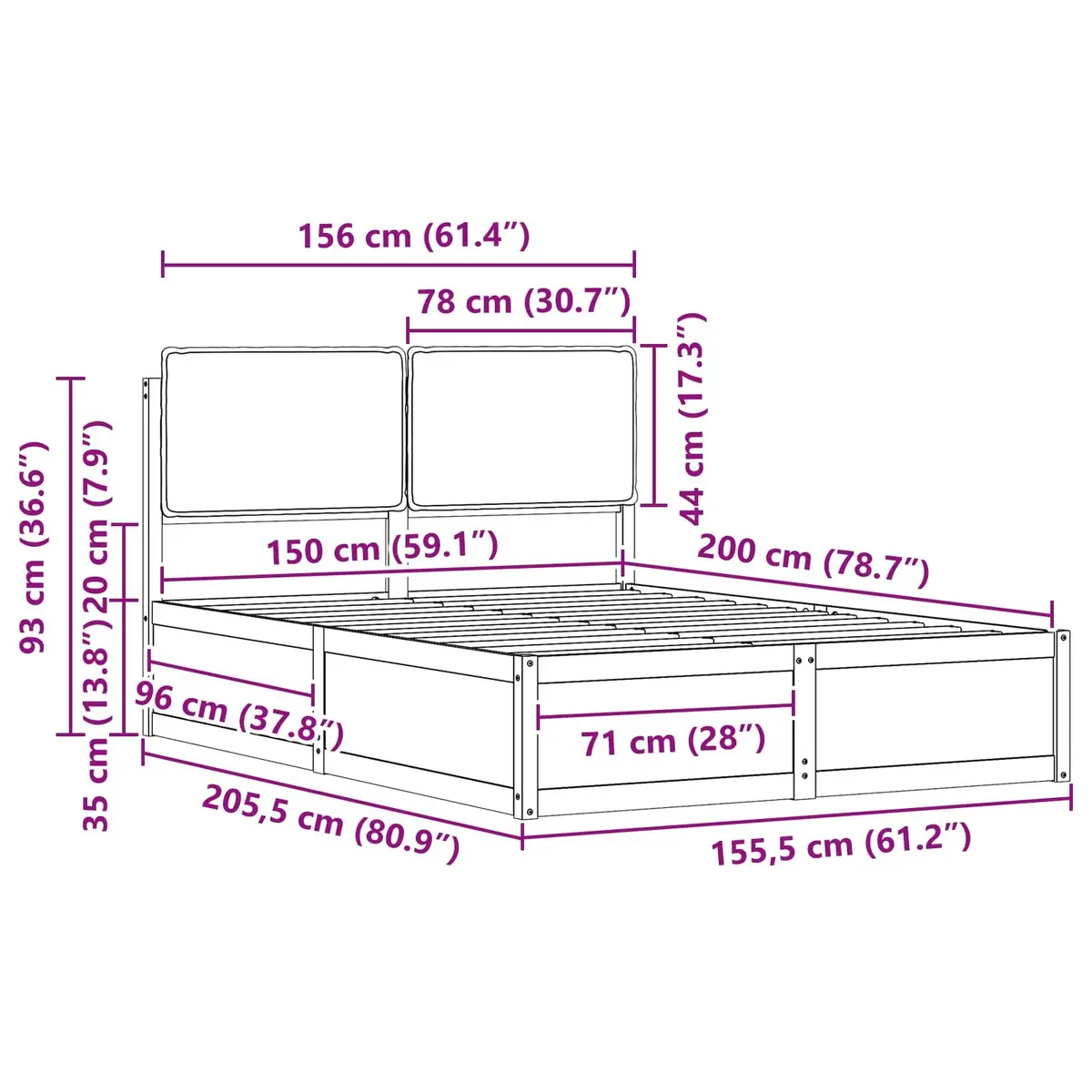 Upholstered Bed Frame Modern Solid Pine Wood Platform 150x200cm Grey