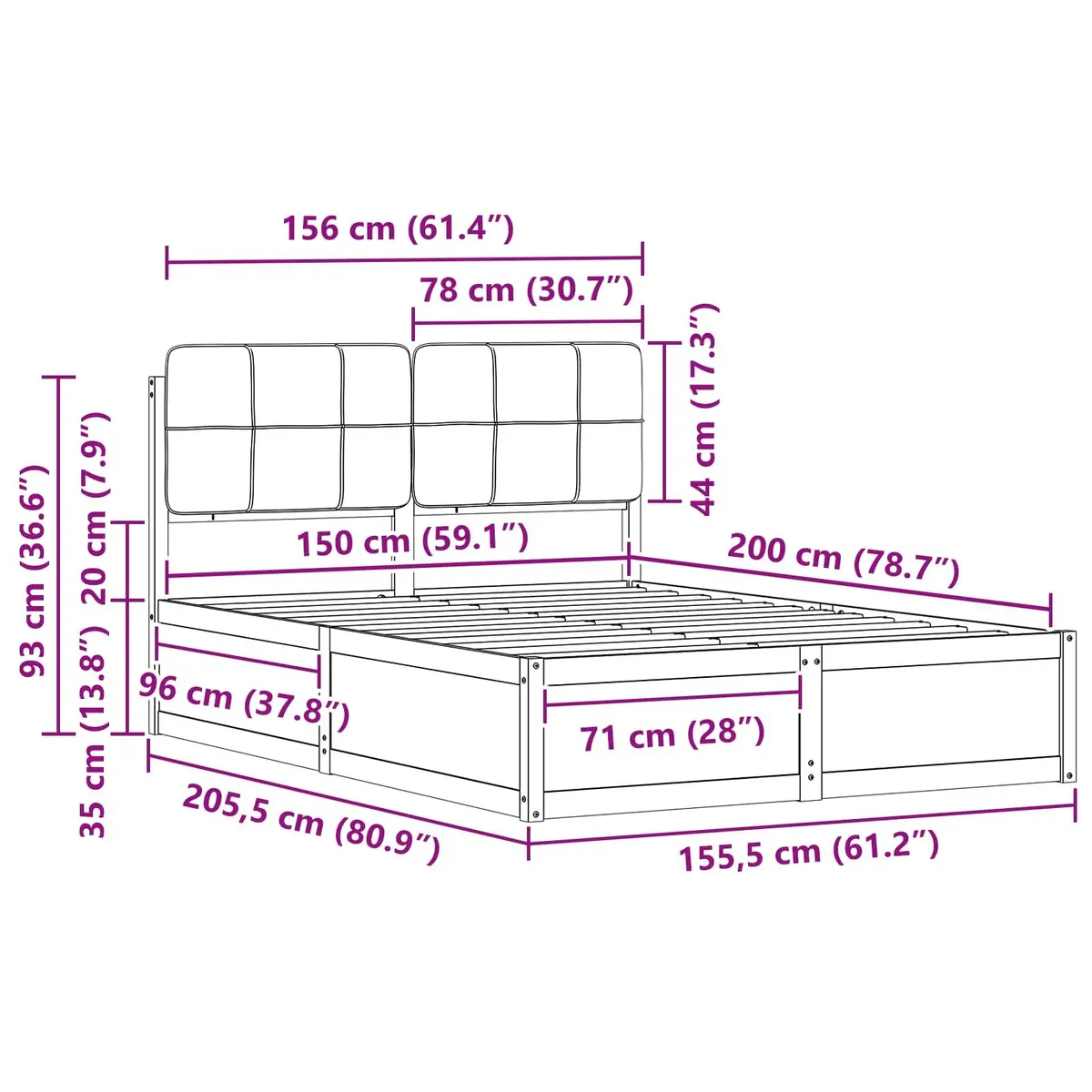 Bed Frame Modern Upholstered Headboard Grey 150 x 200 cm Wooden Platform