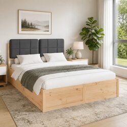 Grey Wooden Bed Frame with Upholstered Headboard 135 x 190 cm