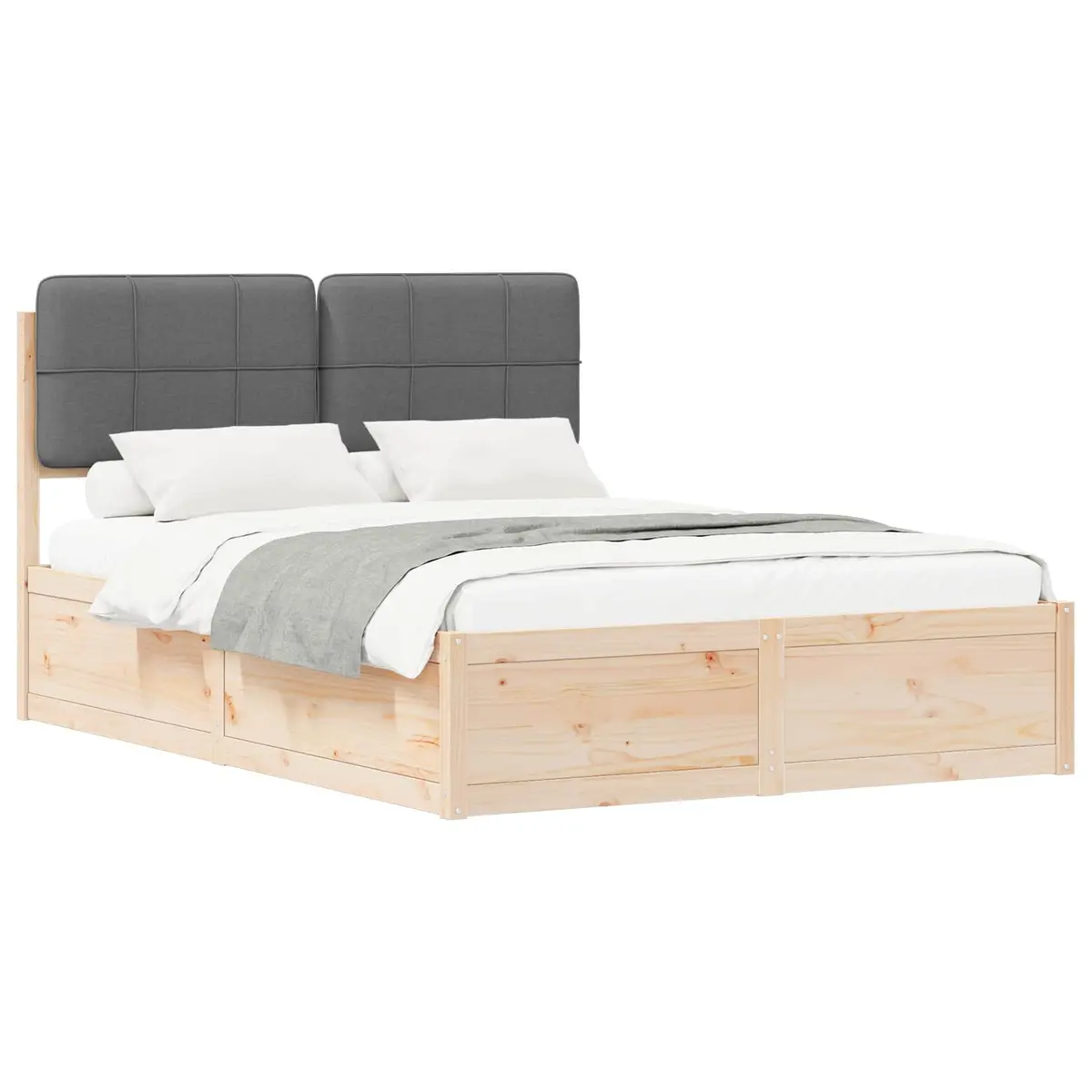 Wooden Bed Frame with Padded Upholstered Headboard Grey 135x190cm Modern Platform