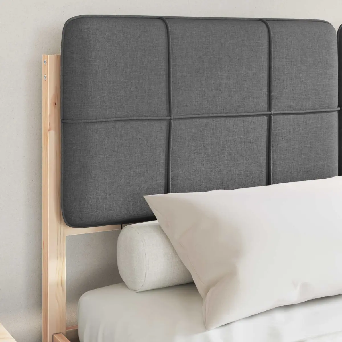 Wooden Bed Frame with Padded Upholstered Headboard Grey 135x190cm Modern Platform