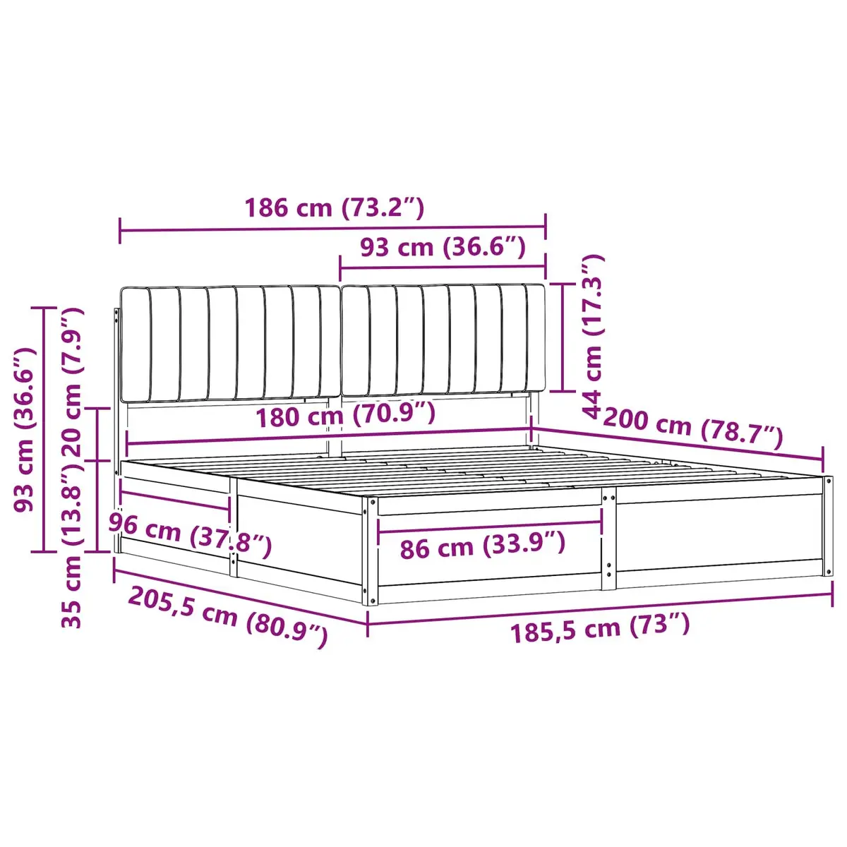 Bed Frame Solid Pine Wood Upholstered Headboard Dark Grey 180 x 200 cm