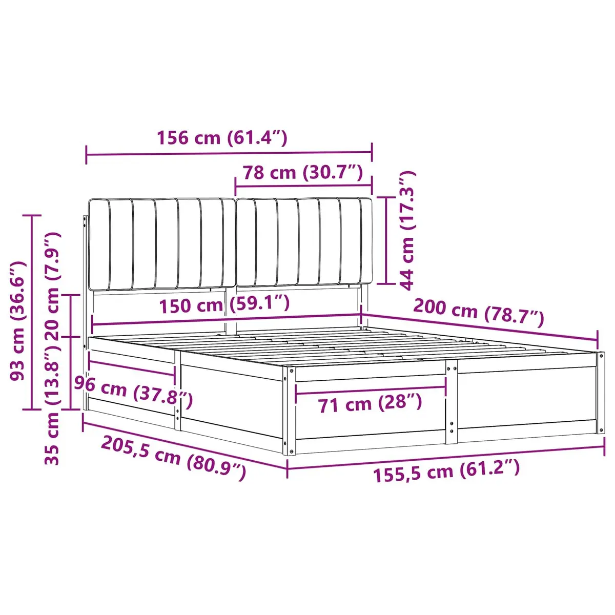 Wooden Bed Frame with Grey Upholstered Headboard Platform Slatted Base 150x200cm