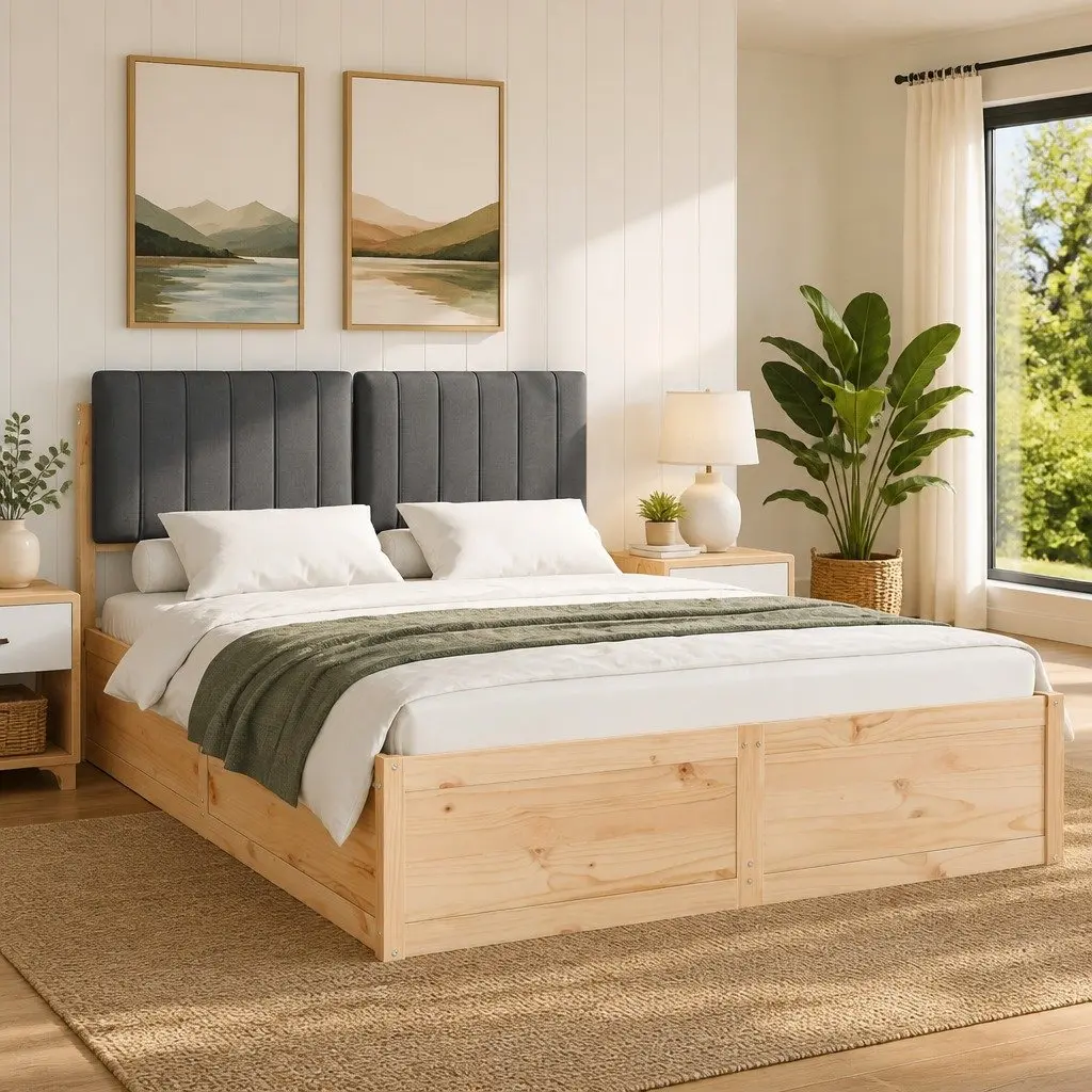 Bed Frame Platform Slatted Base Upholstered Headboard Grey 135 x 190 cm