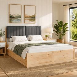 Solid Pine Grey Bed Frame with Upholstered Headboard 135 x 190 cm