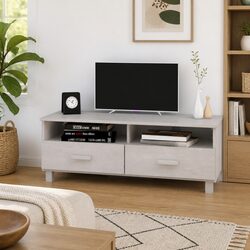 White Solid Pinewood TV Cabinet with Drawers and Compartments