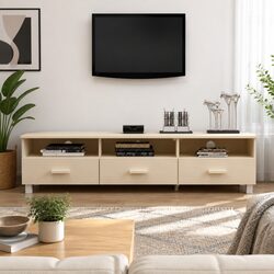 Pine Wood TV Cabinet with Sliding Drawers and Compartments