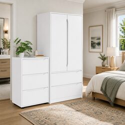 White Engineered Wood Wardrobe Cabinet with Drawer