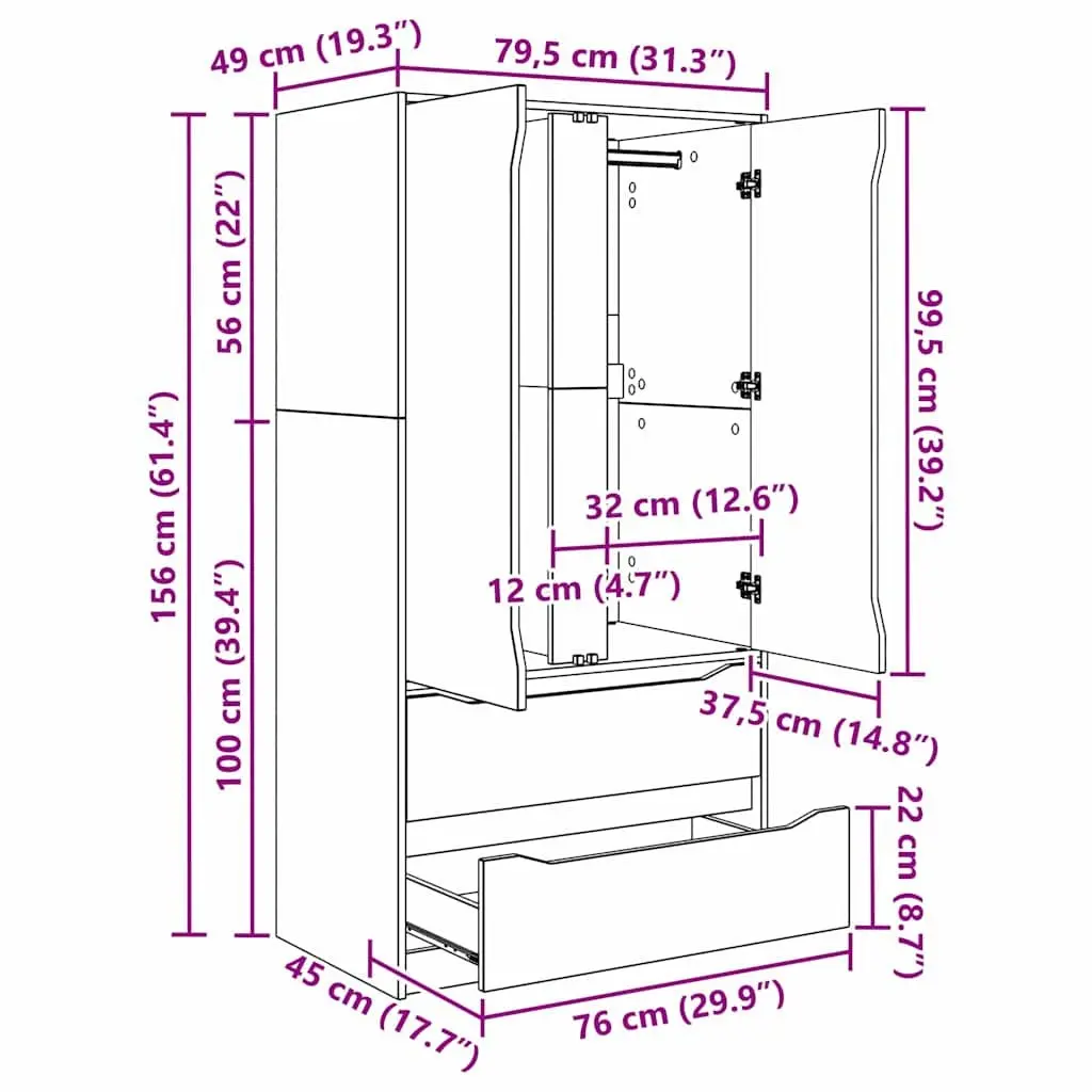 High Gloss White Wardrobe Engineered Wood 79.5 x 49 x 156 cm Bedroom Storage Cabinet with Adjustable Shelves and Hinged Doors