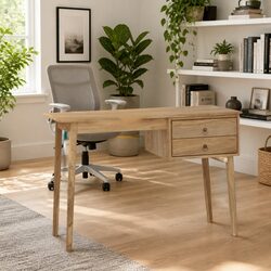 Solid Teak Wood Desk with Two Drawers, Brown