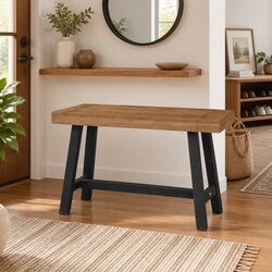 Durable Solid Teak Wood Bench 110cm with Black Legs