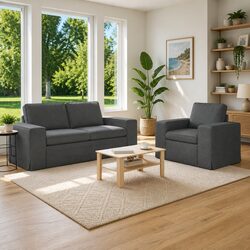 2-Piece Modular Sofa Set in Grey Fabric with Metal Frame