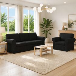 Modular 2-Piece Black Fabric Sofa Set with Metal Frame