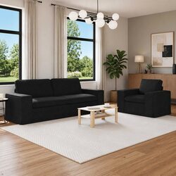 2-Piece Black Modular Sofa Set with Metal Frame and Wood Arms