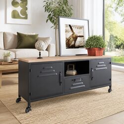 Black TV Cabinet with Solid Fir Wood and Iron Construction