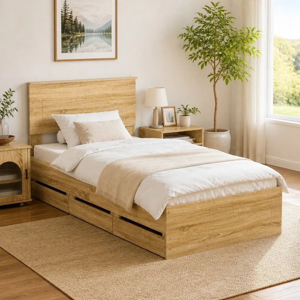 Bed Frame with Storage Drawer Modern Minimalist 90 x 190 cm Sonoma Oak