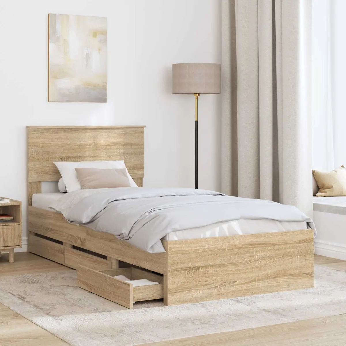 Bed Frame with Storage Drawer Modern Minimalist 90 x 190 cm Sonoma Oak