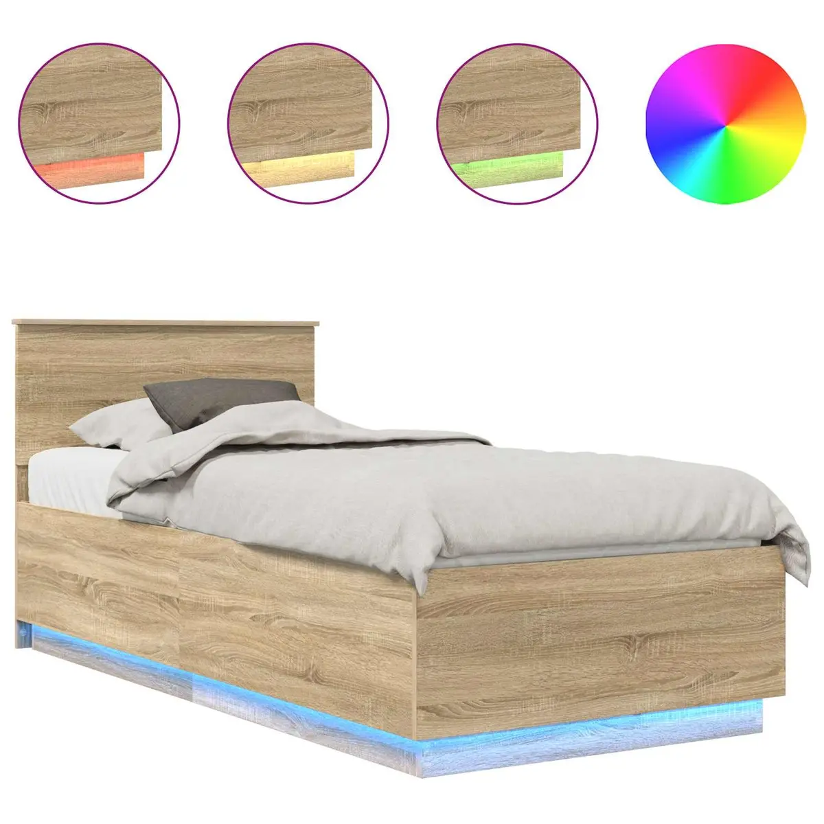 Bed Frame Adjustable Headboard Brown 90 x 190 cm Engineered Wood LED USB Charging