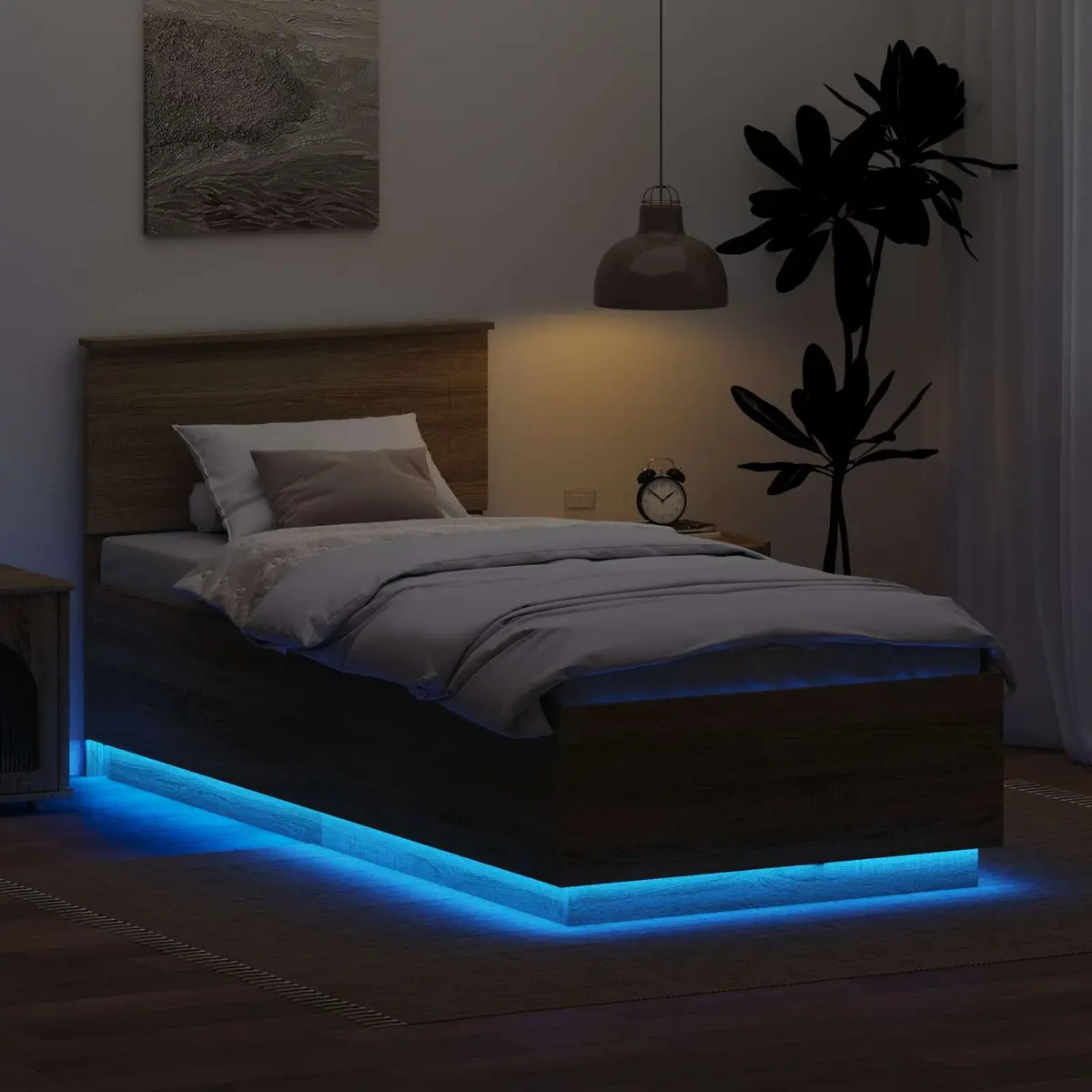 Bed Frame Adjustable Headboard Brown 90 x 190 cm Engineered Wood LED USB Charging