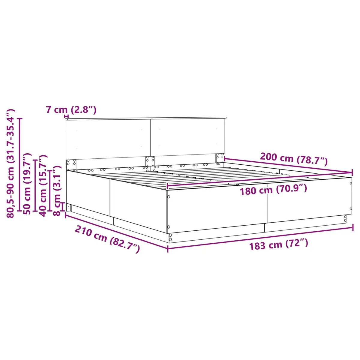 Bed Frame with Wall-Mounted Headboard Adjustable Height 180 x 200 cm White Modern