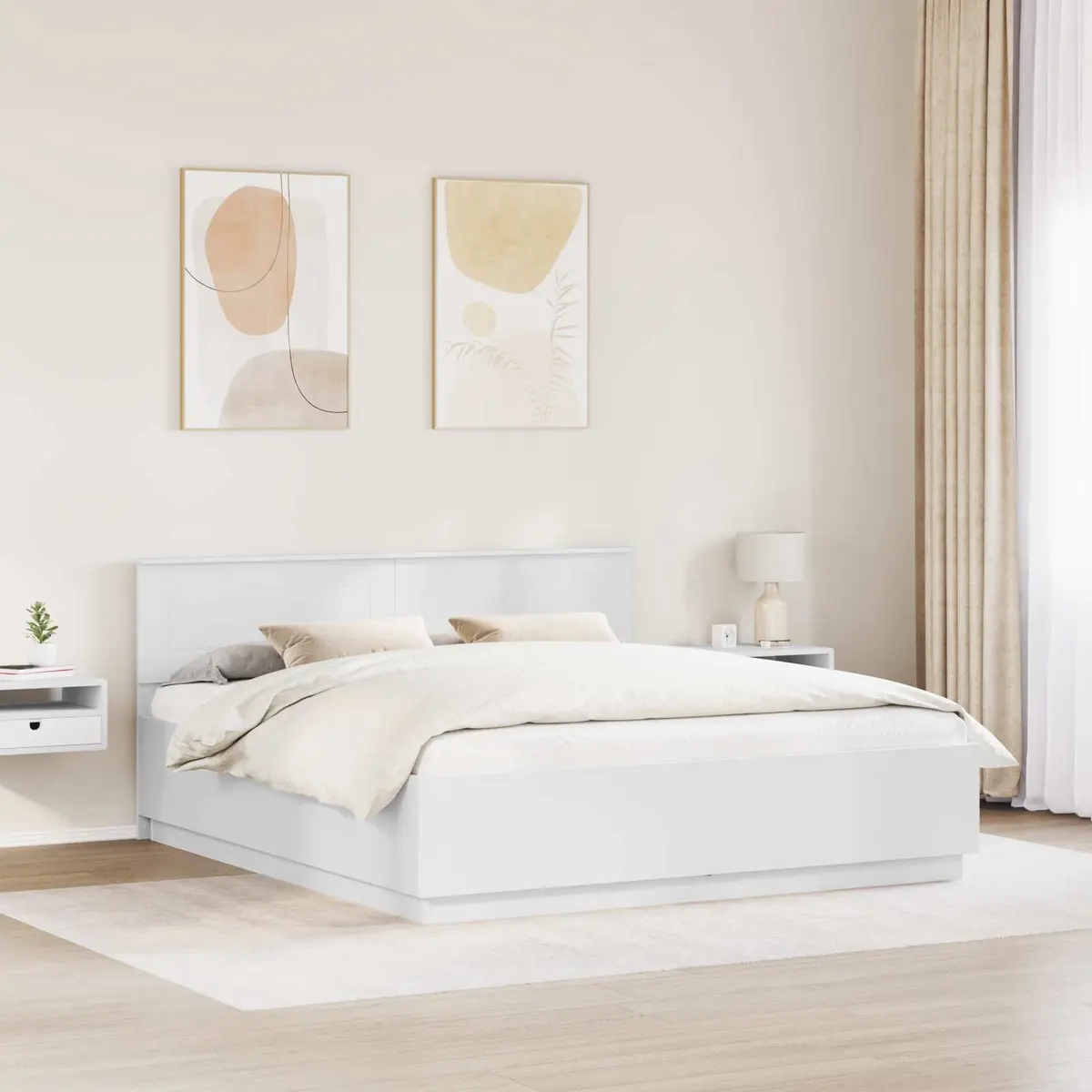 Bed Frame with Wall-Mounted Headboard Adjustable Height 180 x 200 cm White Modern