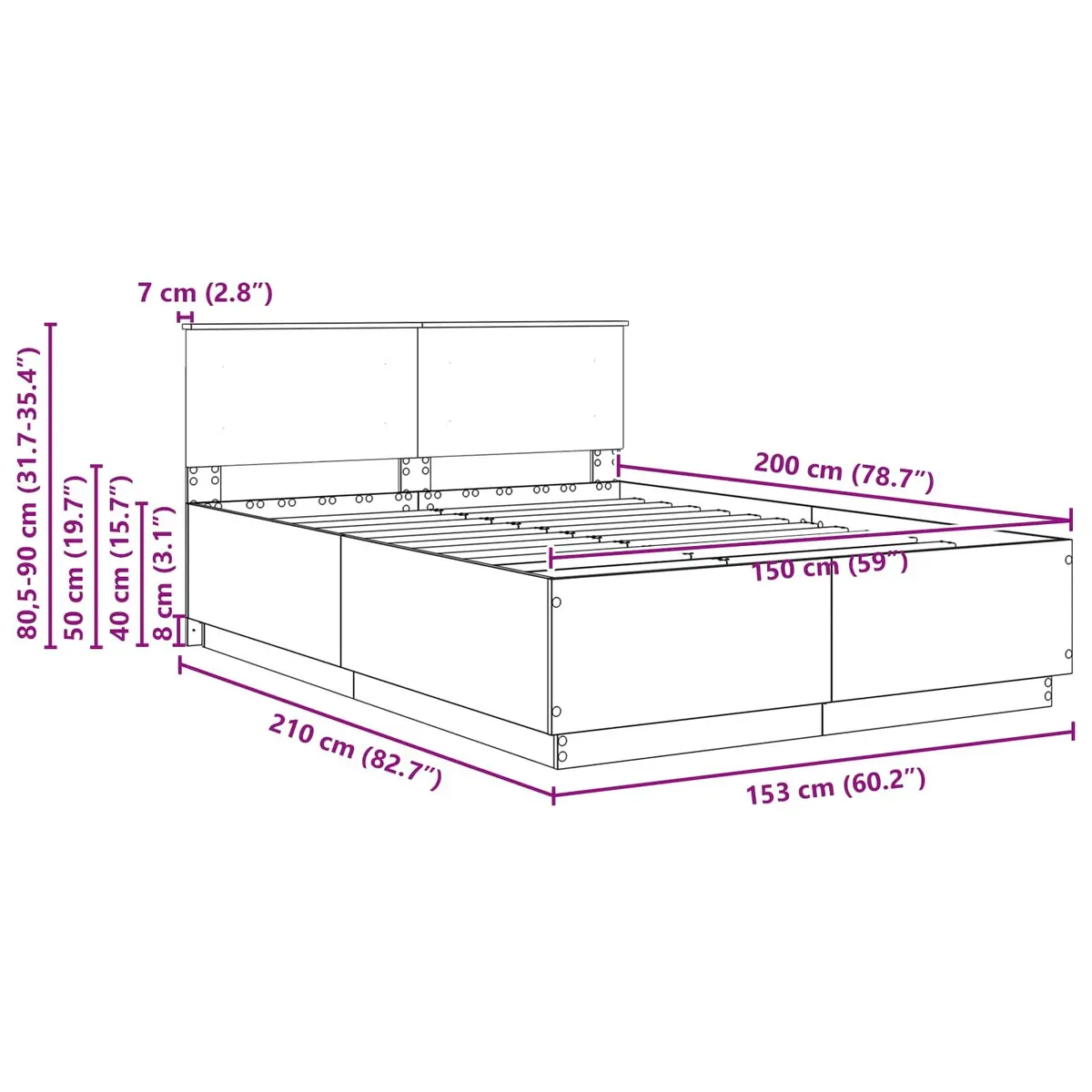 Bed Frame with Wall-Mounted Adjustable Headboard in Brown 150 x 200 cm Engineered Wood