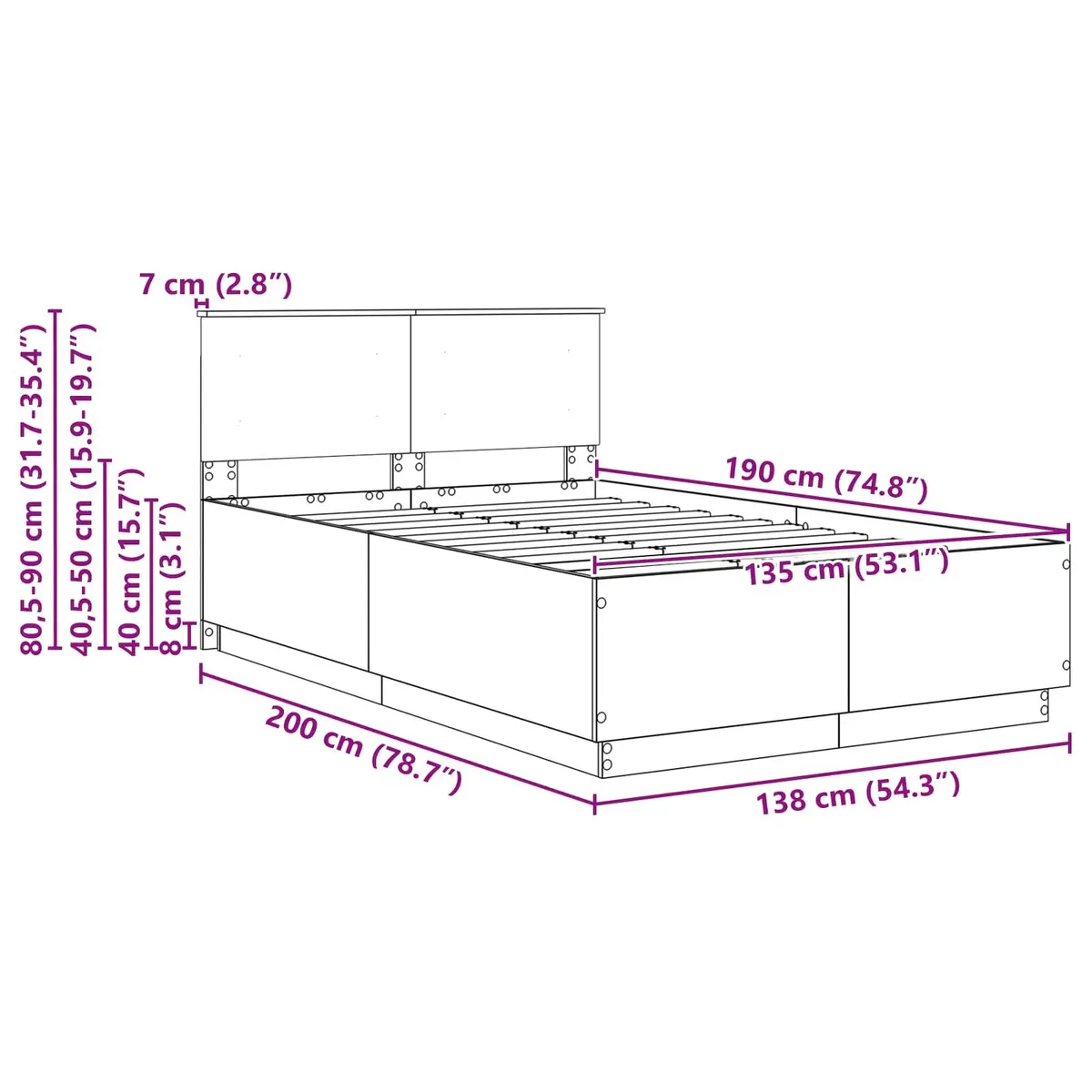 Bed Frame with Wall-Mounted Headboard Adjustable Height 135 x 190 cm White