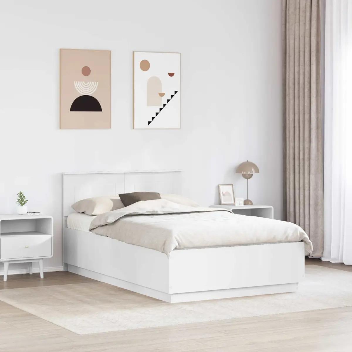 Bed Frame with Wall-Mounted Headboard Adjustable Height 135 x 190 cm White