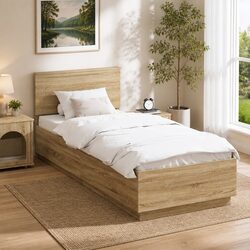 Engineered Wood Bed Frame with Wall-Mounted Headboard 90 x 190 cm