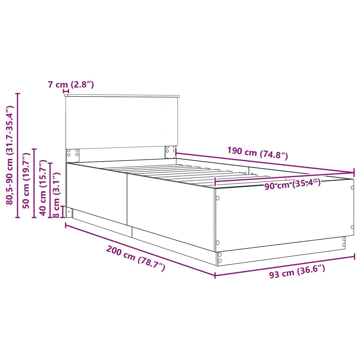 Bed Frame with Wall-mounted Headboard Adjustable Height 90 x 190 cm Brown Sonoma Oak Contemporary Minimalist