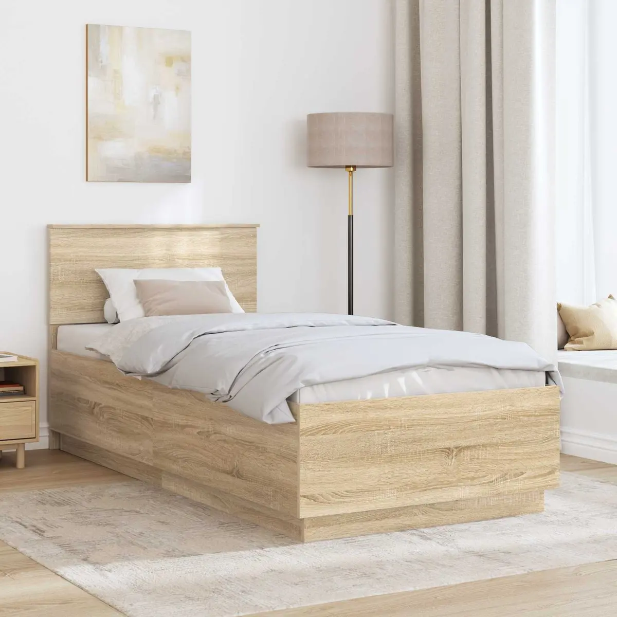Bed Frame with Wall-mounted Headboard Adjustable Height 90 x 190 cm Brown Sonoma Oak Contemporary Minimalist