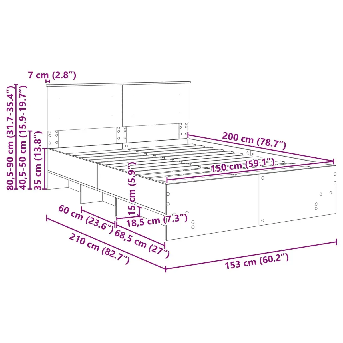 Bed Frame Modern with Headboard 150 x 200 cm Brown