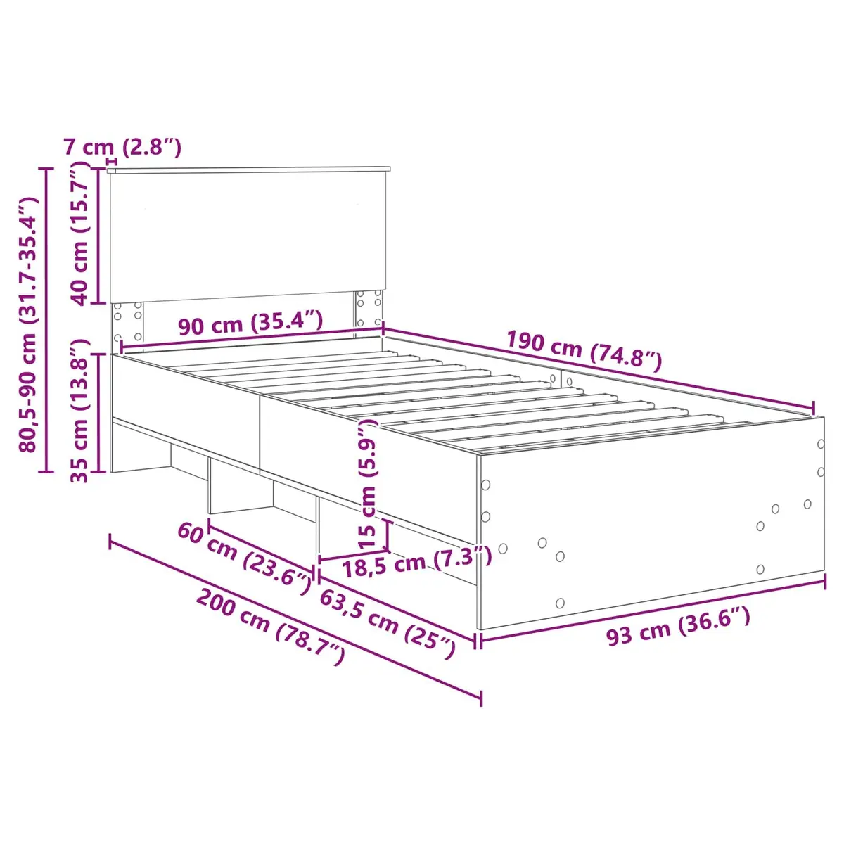 Bed Frame with Headboard Modern Engineered Wood 90 x 200 cm Brown
