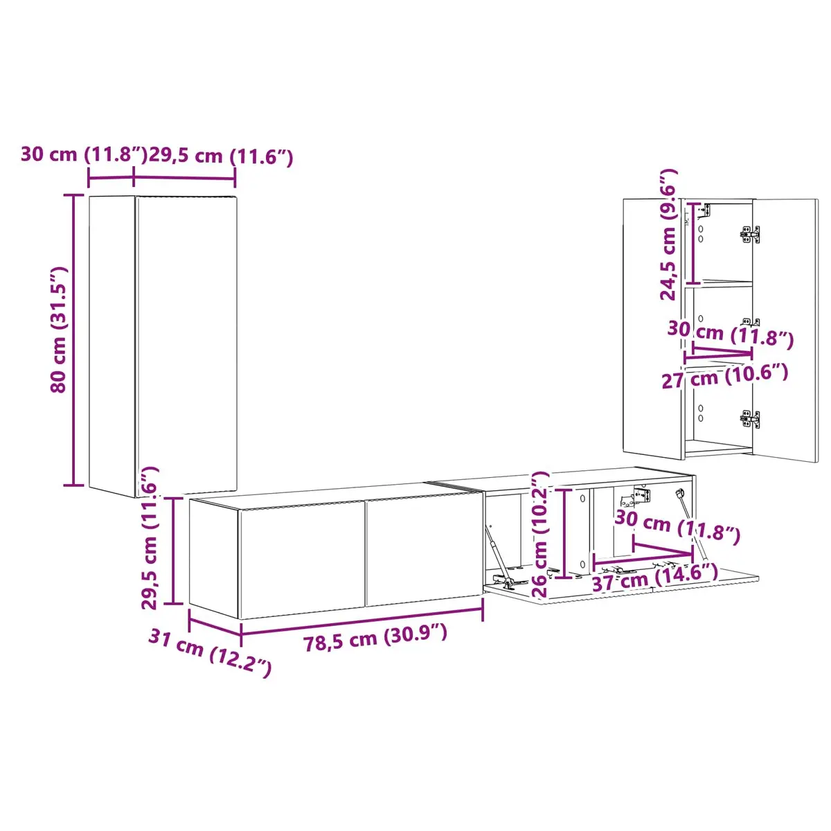 TV Wall Cabinet Set 4 Pcs White Modern Wall-Mounted Storage Shelves Living Room