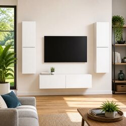 6-Piece White TV Cabinet Set with LED and Storage Features