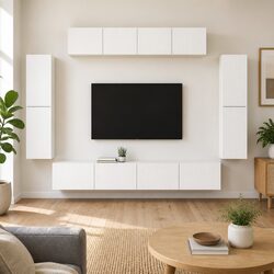 White Wall-Mounted TV Cabinet with 8 Storage Compartments