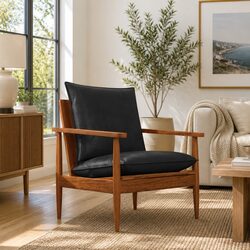 Solid Acacia Wood Black Leather Armchair Lounge Chair