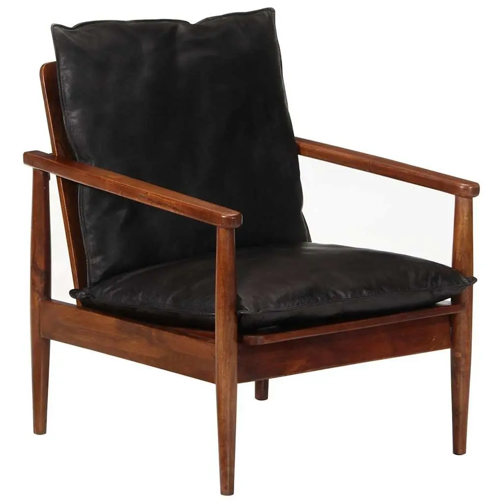 Armchair Black Real Leather Solid Wood Acacia Single Sofa Chair Lounge Seating