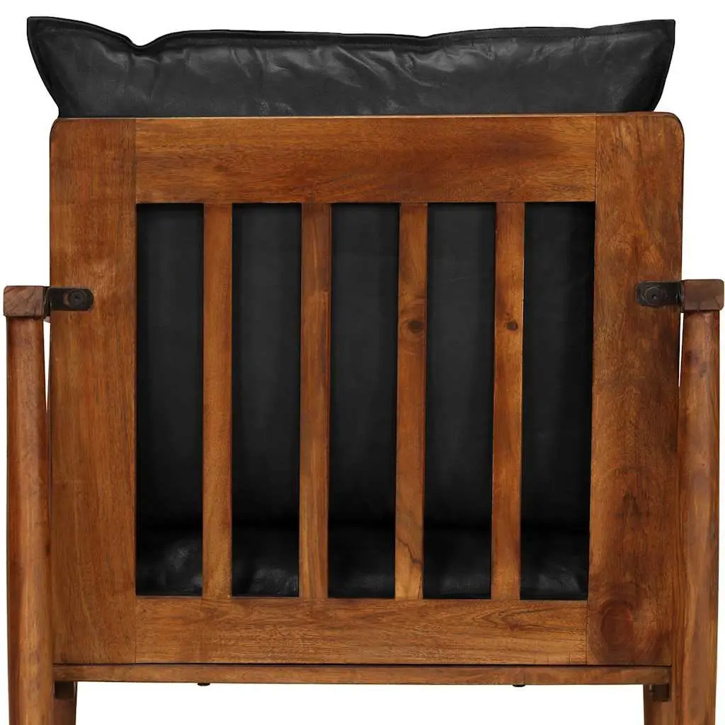 Armchair Black Real Leather Solid Wood Acacia Single Sofa Chair Lounge Seating