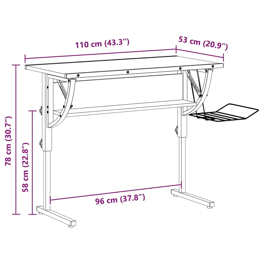 Craft Desk Adjustable Drawing Table with Magazine Rack Ergonomic Steel Frame Sonoma Oak and Grey 110x53cm