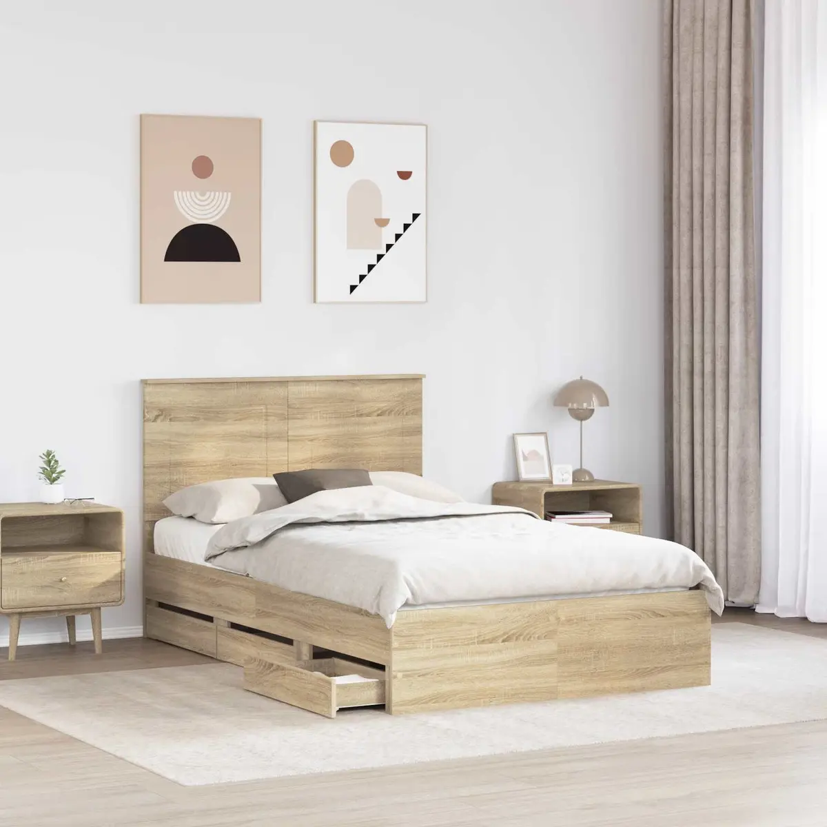 Bed Frame with Storage Drawer Modern 135 x 190 cm Sonoma Oak